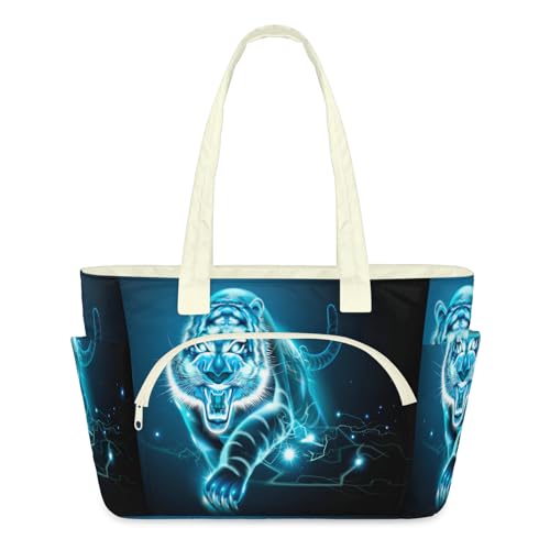 Sac fourre-tout tigre bleu pour femme | Grand cabas matelassé léger à fermeture éclair