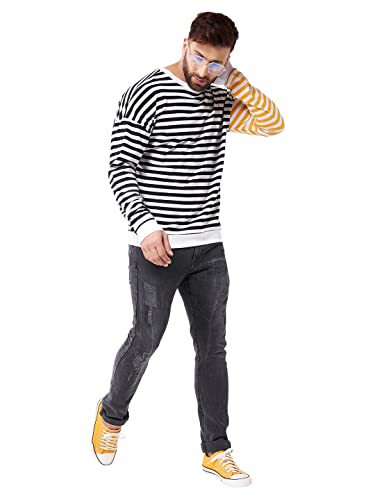 Image of GRITSTONES Men OversizedRound Neck Stripe Drop Shoulder Cotton T-Shirt