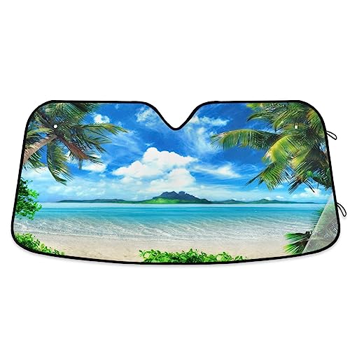 Parabrezza auto parasole tropicale paesaggio marino spiaggia palme fisarmonica pieghevole finestra ombra auto parabrezza parasole auto blocco raggi UV mantenere il veicolo fresco, 134,6 cm x 59,7 cm