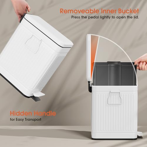 Image of Small Bathroom Trash Can with Lid Soft Close, 6L / 1.6 Gallon Stainless Steel Small Garbage Can with Step Pedal, Slim Waste Basket for Bedroom, Toilet, Office - White