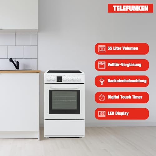 Telefunken Standherd mit Glaskeramik-Kochfeld | Elektroherd freistehend 50 cm breit | Herd mit Backofen und Kochfeld | 55 Liter | 5 Betriebsarten | 4 Kochzonen | LED-Display | EEK A | Weiß | BSHC55AI