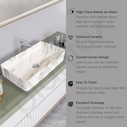 Image of Plantex Wash Basin for Bathroom /Ceramic Tabletop WashBasin /Sink /Basin for Bathroom /Restaurant, Hotel (Marble Finish, 24 x 13 x 5 Inch)