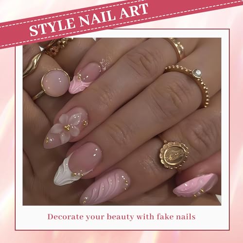 Zosutetoxo 24 Stück ongles à presser en forme d'amande avec design de fleurs 3D, ongles french tip à coller avec finition brillante et perles dorées – vue 4
