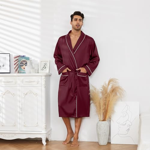 Image of Vulcanodon Men's Satin Robe Lightweight,Men's Luxurious Silk Kimono Bathrobe