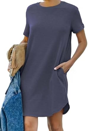 Womens Fashion Casual Sport Roll Sleeve Tennis Dress Beach A Line T-Shirt Dresses Cover Up Sundress with Pockets