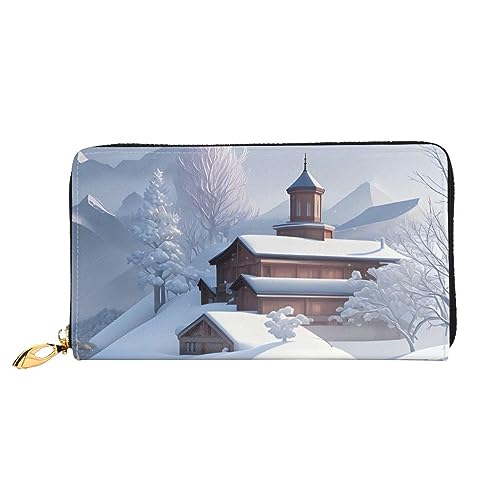 Portefeuille long pour femme noir à fermeture éclair avec motif paysage d'hiver chic