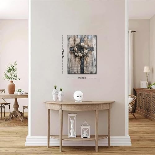 Vintage Cross Christian Wall Art, White Rose Wreath Canvas Paintings Prints Posters Wall Decor, Retro Religious Music Score Church Decor Suitable for Study Prayer Room 16x24 in Framed by AKWISH - Used condition - Image 2