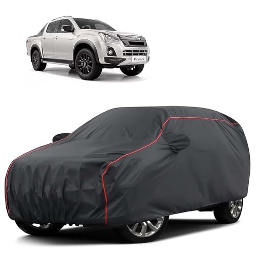 Image of Sulfar 100% Water Resistant Car Body Cover Compatible with Mirror for Isuzu V-Cross (Triple Stitched, Full Bottom Elastic, Dark Grey Tafetta with Red Piping)