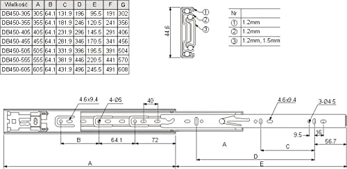 GTV Szyny do szuflad z pełnym wysuwem 400 mm, PRO H45 szyny teleskopowe o nośności 50 kg, prowadnica kulowa, stal ocynkowana, szyny wysuwne do dużych obciążeń, do kuchni, warsztatu, 1 para