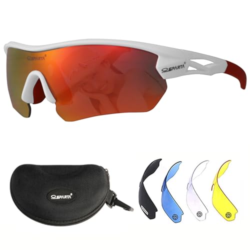 OUTDOORSPARTA Lunettes de soleil de sport polarisées avec 5 verres interchangeables pour homme et femme (14. Cadre Blanc, Verre Plein Rouge Miroir)