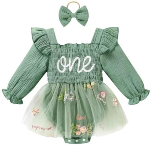Image of TITKKOP Baby Girl 1st Birthday Clothes One Year Old Tulle Romper Long Sleeve Bodysuit Cake Smash Outfits
