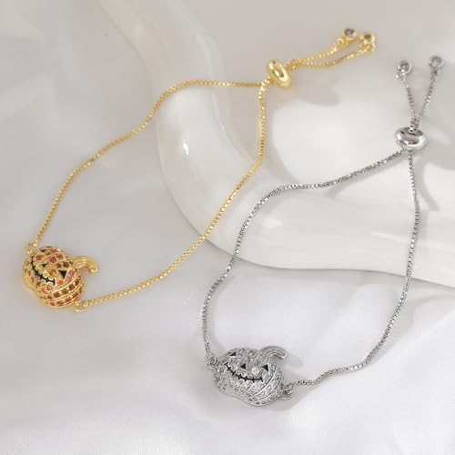 Halloween Pumpkin Bracelet for Women Crystal CZ Autumn Fall Holiday Ornament Adjustable Chain Link Bracelets Gold Plated Dainty Thanksgiving Festive Jewelry3