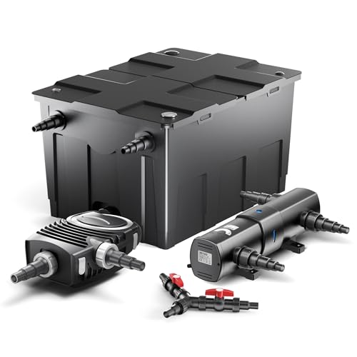 SunSun Komplettset: CBF-550 Teichfilter bis 60000 L Teichfilteranlage als Durchlauffilter, NEO10000 SuperECO Teichpumpe 10000l/h 80W, CUV-236 Teichklärer UVC Klärer mit 36W, Y-Verteiler