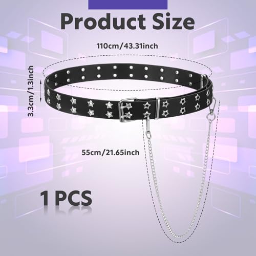 Black Studded Belt, Star Punk Rock Star Studded Leather Belt with Grommet Threads Bright Metal Pyramid for Women Men2