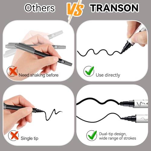 Image of TRANSON 8 Pack Black Bold and Fine Dual-tip Acrylic Paint Marker for DIY Glass Canvas Wood Leather Ceramic Rock Painting