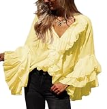 Women Vintage Ruffle Blouse Long Bell Sleeve Frilly Tops Sheer Tie Front Button Down Shirt Boho Flowy Going Out Tops (Ruffled Yellow, L)