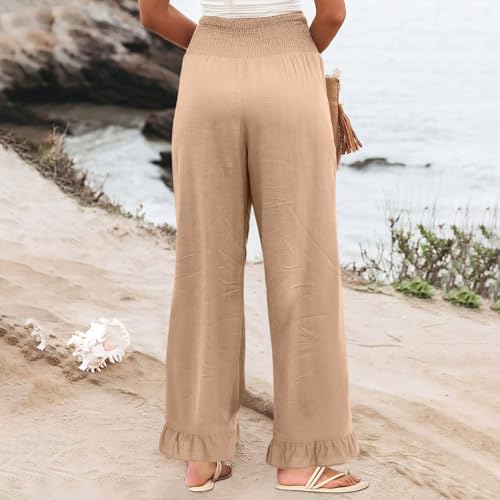 Wide Leg Linen Pants for Women Smocked Waist Summer Flowy Ruffle Pants Beach Casual Cropped Palazzo Pant with Pockets4