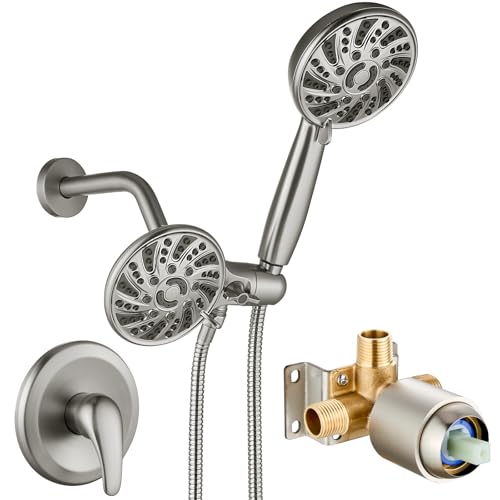 gotonovo Dual 2 in 1 Shower Head Kit High Pressure Combo System Shower Faucet 6 Modes ABS Handheld Spray Shower Trim Kit with Valve Shower Head and Handle Set Brushed Nickel