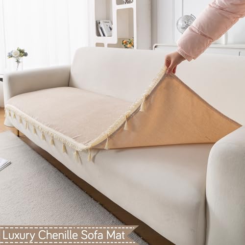 Image of HOKIPO 'Serenity Tassel' Chenille 3 Seater Sofa Cover with Tassel - Ivory Fringe (IN-892-BGE)