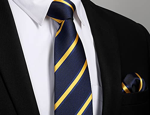 Image of Enlision Mens Ties Stripe Tie and Pocket Square Set Classic Formal Woven Neckties Handkerchief Cufflinks Wedding