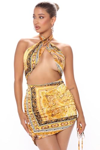 Image of SSoShHub Womens Satin Printed Babydoll Lingerie Lace Teddy Bodysuit Sexy Bikini Swimwear with Panty One Size Upto 34 Bust Golden