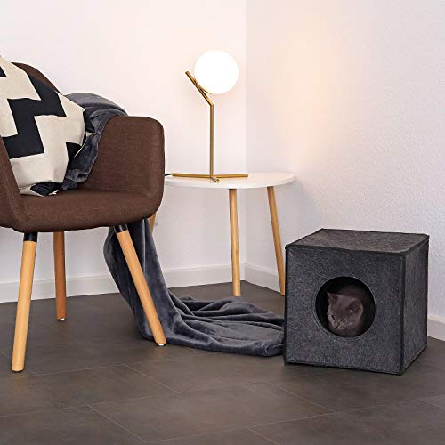 lionto Katzenhöhle aus stabilem Filz passend für Kallax Regale & andere Regalsysteme, 33x37x33 cm, Katzenbett faltbar in Würfelform freistehend, pflegeleicht, ohne gemütliches Liegekissen, dunkelgrau