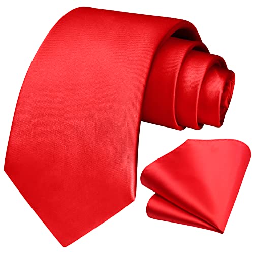 Image of HISDERN Mens Solid Color Ties Formal Satin Necktie and Pocket Square Set Classic Wedding Business Tie & Handkerchief