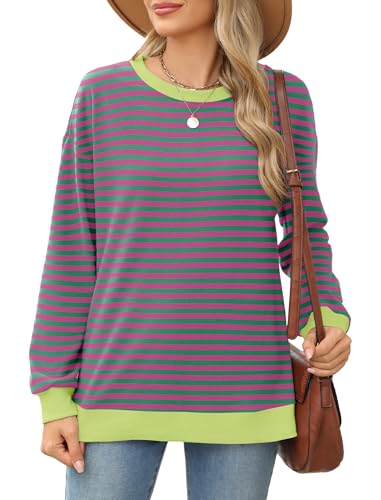 Besshopie Women Striped Color Block Long Sleeve Crew Neck Sweatshirt Casual Loose Pullover Y2K Shirt Striped Pink S — view 2
