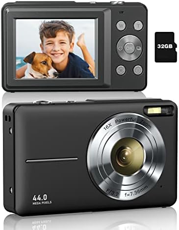 Digital Camera for Kids, Lecran 1080P 44MP Kids Camera with 32GB Card Point and Shoot Camera with 16X Zoom, Compact Portable Cameras Christmas Birthday Gift for Children Kids Teens Girl Boy(Black)