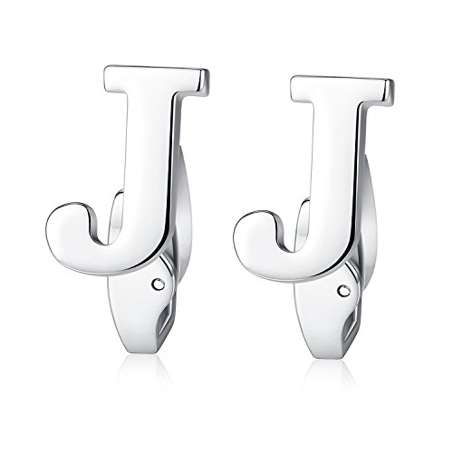 HONEY BEAR Carta Inicial Alfabeto Gemelos - Acero Inoxidable para Hombres Camisas Accesorios,Plata (J)