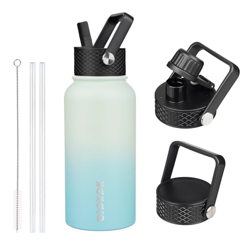 Image of BJPKPK Insulated Water Bottles with Straw Lid, 27oz Stainless Steel Water Bottle with 3 Lids, Leak Proof BPA Free Metal Thermo, Mugs, Tumblers, Keep Cold Hot - Mint