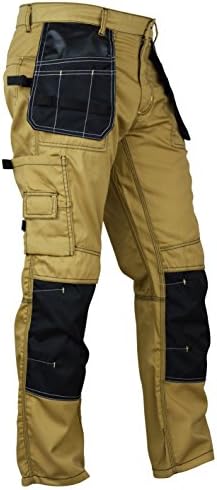 FASHIO FF Mens Construction Cordura Knee Reinforcement Workwear Trousers Utility Work Pant Khaki W34-L32
