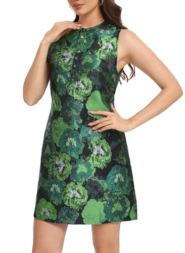 Ladyful Sleeveless Dress for Women Floral Jacquard Shift Dress Elegant Button Up Crewneck Tank Summer Mini Dresses2