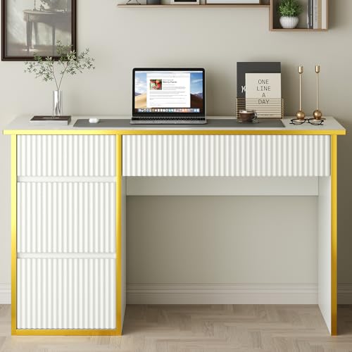 4 EVER WINNER White Desk with Drawers with Hidden Handle,