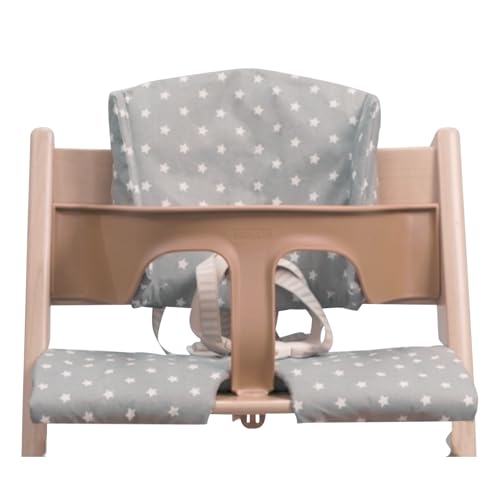 Highchair Cushion for Stokke Tripp Trapp High Chair - Wipe Clean High Chair Pad for Tripp Trapp Highchair - Tripp Trapp Cushion Suitable for use with Baby Set and Harness (Grey with White Stars)