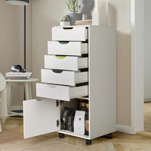 Image of TUSY Mobile File Cabinet, 5-Drawer Storage Cabinet, Vertical Rolling Storage Organizer Chest with Wheels & Anti-Tip Kit, for Home Office, Craft Room, Bedroom, White