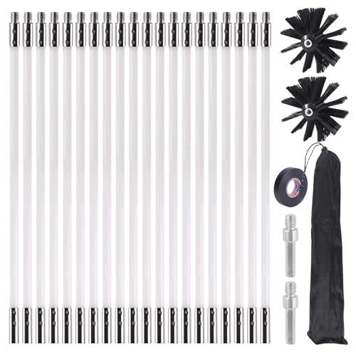 Conjunto de 26 varetas de escova para lareira, com 20 barras flexíveis de 400 mm 2 cabeças de escova de 150 mm 1 saco de armazenamento acessórios, escova de limpeza para lareira/tubo