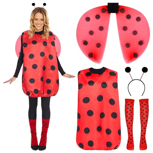 YQBFB Ladybird Fancy Dress Costume Women: Ladybug Costume for Adults with Wings - Leg Sleeves and Headband for Cosplay Party Dress Up and Carnival (Ladybug, S)