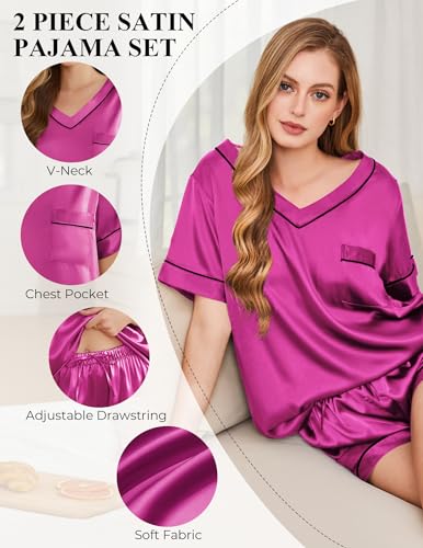 Image of Silk Pajamas for Women Short Sleeve Satin 2 Piece Pj Set Soft V Neck Sleepwear Loungewear, S-XXL