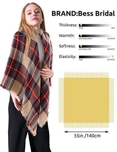 Bess Bridal Women's Plaid Blanket Winter Scarf Warm Cozy Tartan Wrap Oversized Shawl Cape (One Size, Camel) - Thumbnail 2