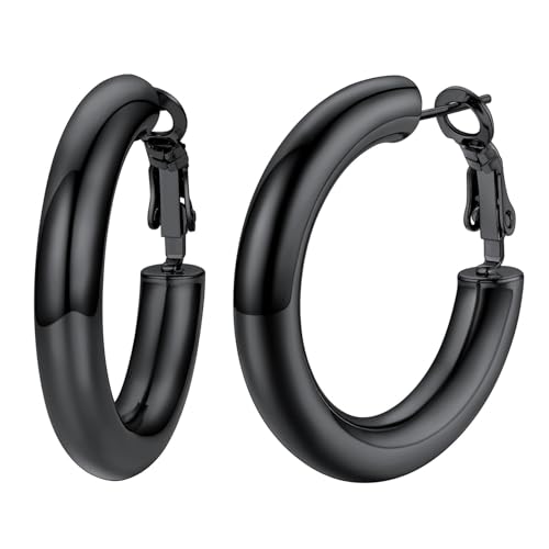 U7 Chunky Hoop Earrings for Women, Stainless Steel Hoops Earring, Classic Polished Thick Ear Jewelry, Black/Silver/Gold Hoop Earrings, 20/30/40/60/80m
