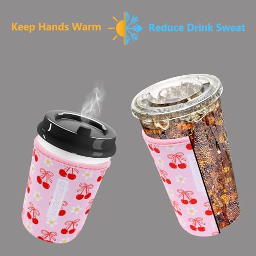 Reusable Neoprene Insulator Sleeve for Iced Coffee & Cold Soda, Coffee Sleeves for Iced & Hot Drinks, Cold Beverage Cooler Compatible with Starbucks, Dunkin (Cherry Bomb, Medium: 22-24oz)