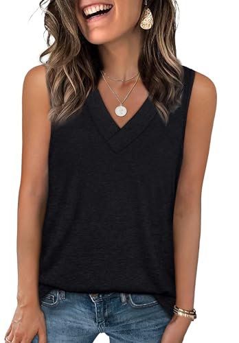 WIHOLL Vests for Women Summer Tops Ladies V Neck Sleeveless Tank Top Basic Casual Loose Fit Size 18-20 Black