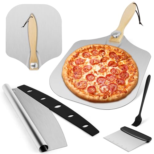Pizza Peel, 12\" x 14\" Pizza Spatula for Oven, Aluminum Pizza Paddle with Cutter Scraper Pastry Brush, Pizza Peels Oven Accessories for Baking Homemade Pizza Dough Bread