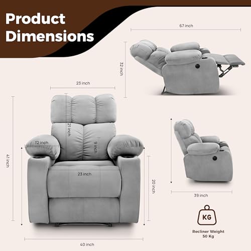 Image of Little NAP Helios Soft Suede Fabric Single Motorized Standard Recliner | Padded 1 Seater Aaram Sofa | Relaxing Chair for Home Office Living Bed Room | Grey