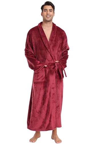 Mens Plush Fleece Robe Soft Shawl Collar Bathrobe Long Fluffy Spa Robes Winter Warm House Robe with Pockets