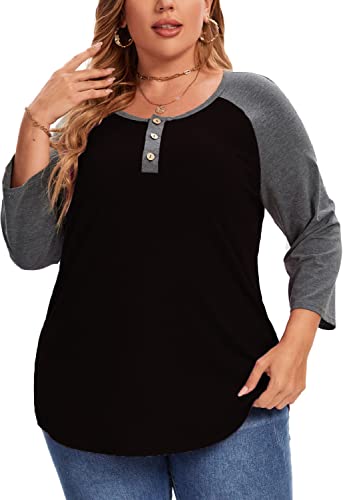 3/4 Sleeve Shirts for Women Plus Size Casual V Neck Blouses Color Block Henley Shirts