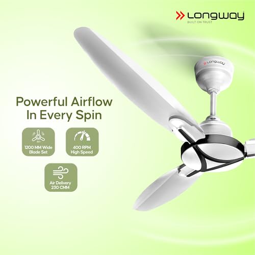 Image of LONGWAY Zephyr 1200 mm BLDC Ceiling Fan with Remote Control | BEE 5 Star Rated Energy Efficient | Ultra High Speed 3 Blade Anti-Dust Decorative Ceiling Fan | 3 Years Warranty (2, White)