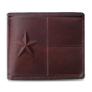Full Grain Leather Bifold Wallets, RFID-Blocking for Western Men, Rodeo Wallet with 10 Slots (Wine Red, Stars), Gift for Men