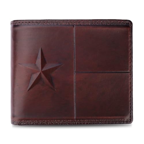 Full Grain Leather Bifold Wallets, RFID-Blocking for Western Men, Rodeo Wallet with 10 Slots (Wine Red, Stars), Gift for Men